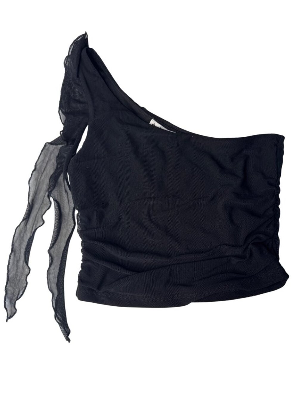 Charlotte Russe Black Mesh One-Shoulder Top With Ruched Sides & Tie Detail S